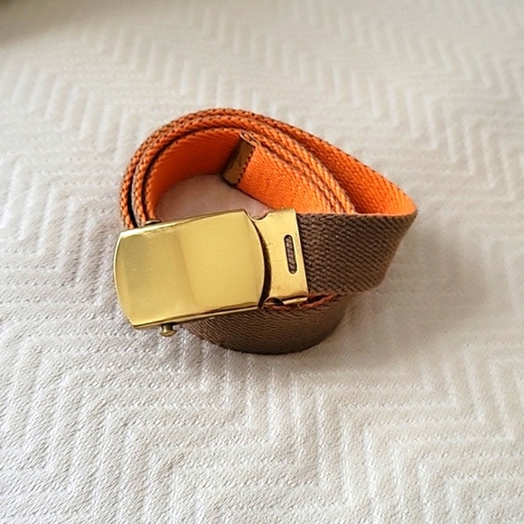 Orange & Tan Web Belt With Solid Brass Clamp Belt Buckle - Picture 4 of 5
